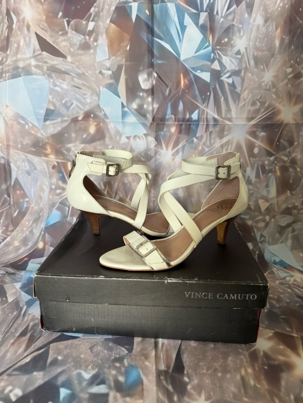 Vince Camuto white leather Strappy Kitten Heel Sandals
